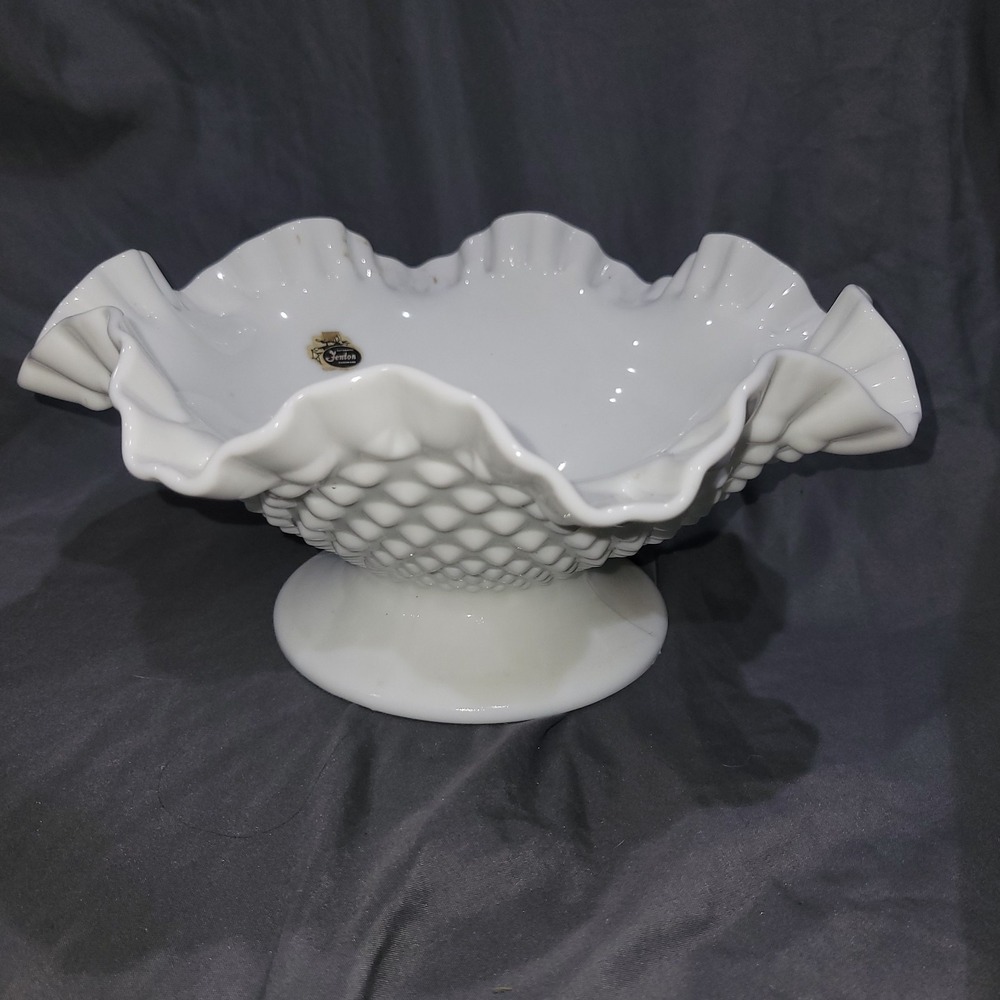 Fenton White Milk Glass Hobnail Ruffled Edge Footed Large Bowl Vintage